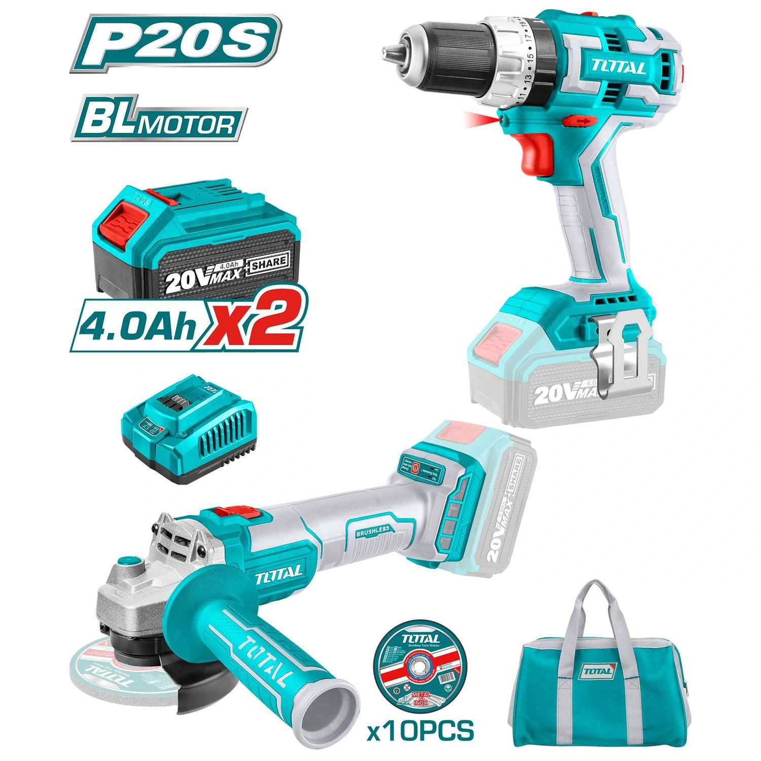 Kit Total 20v – Atornillador 13mm + Amoladora 4.1/2″