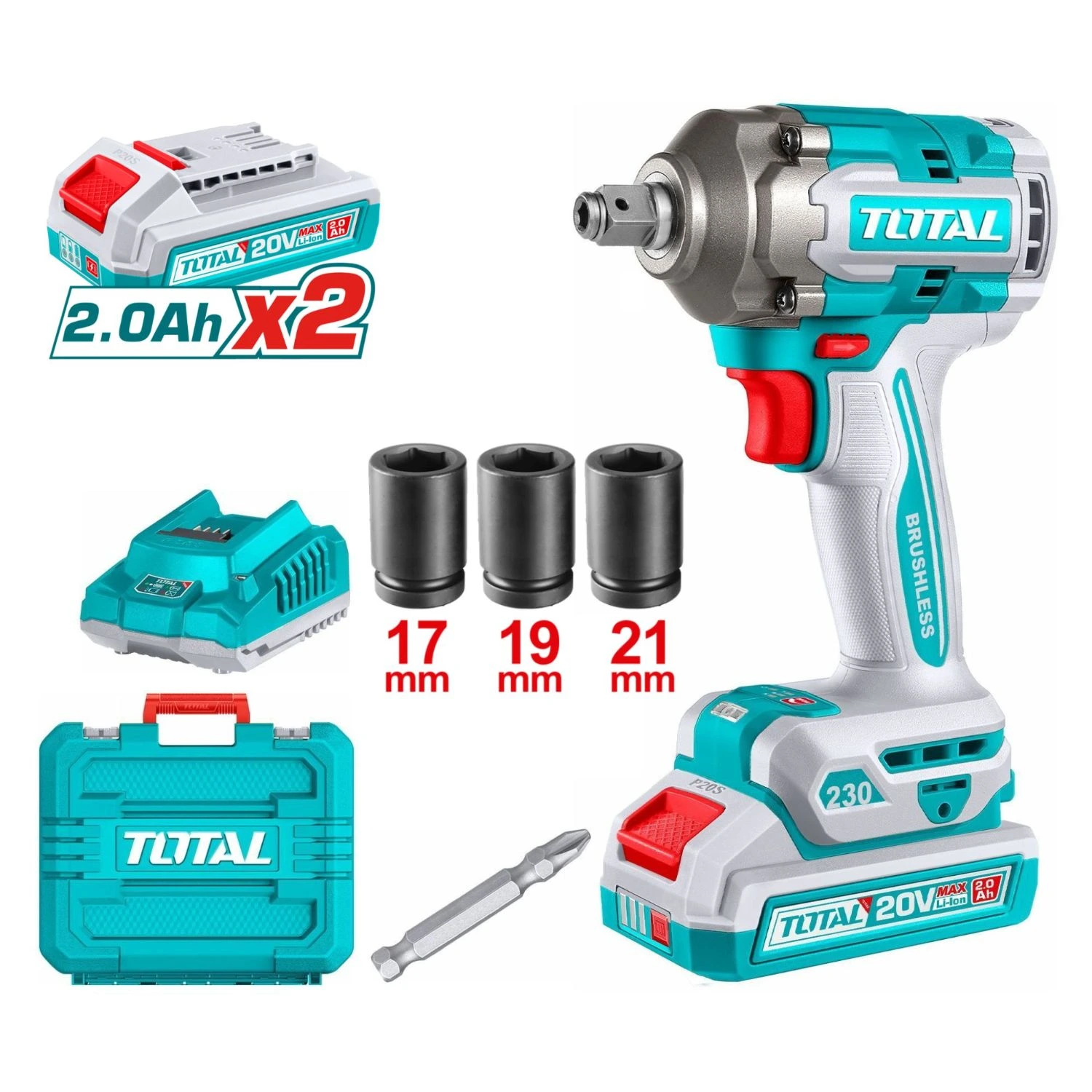 Llave De Impacto Total 1/2″ + 1/4″ – 230Nm – 20v, 2 Baterías 2.0Ah + Cargador + Maletín