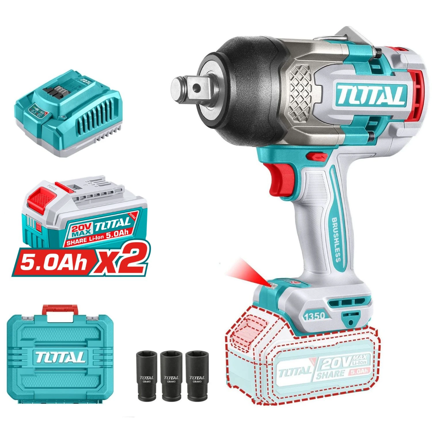 Llave De Impacto Total 3/4″ – 1350Nm – 20v, 2 Baterías 5.0Ah + Cargador + Maletín