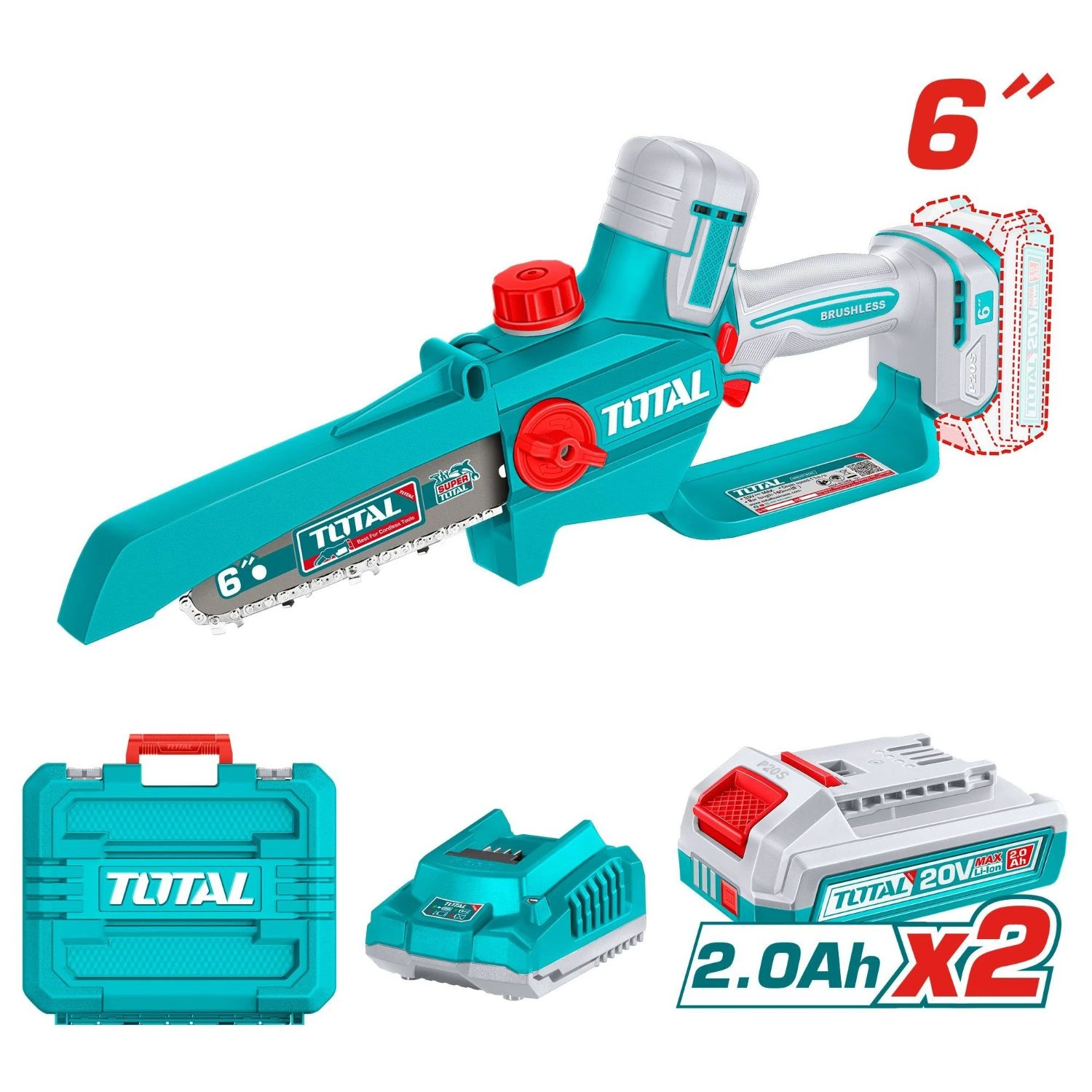 Motosierra De Mano A Batería 6″ Total – 20v, 2 Baterías 2.0Ah + Cargador