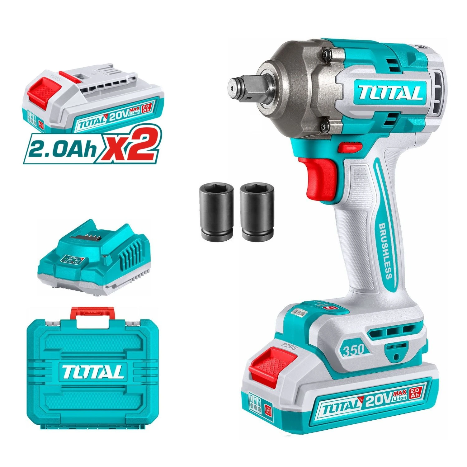 Llave De Impacto Total 1/2″ – 350Nm – 20v, 2 Baterías 2.0Ah + Cargador + Maletín