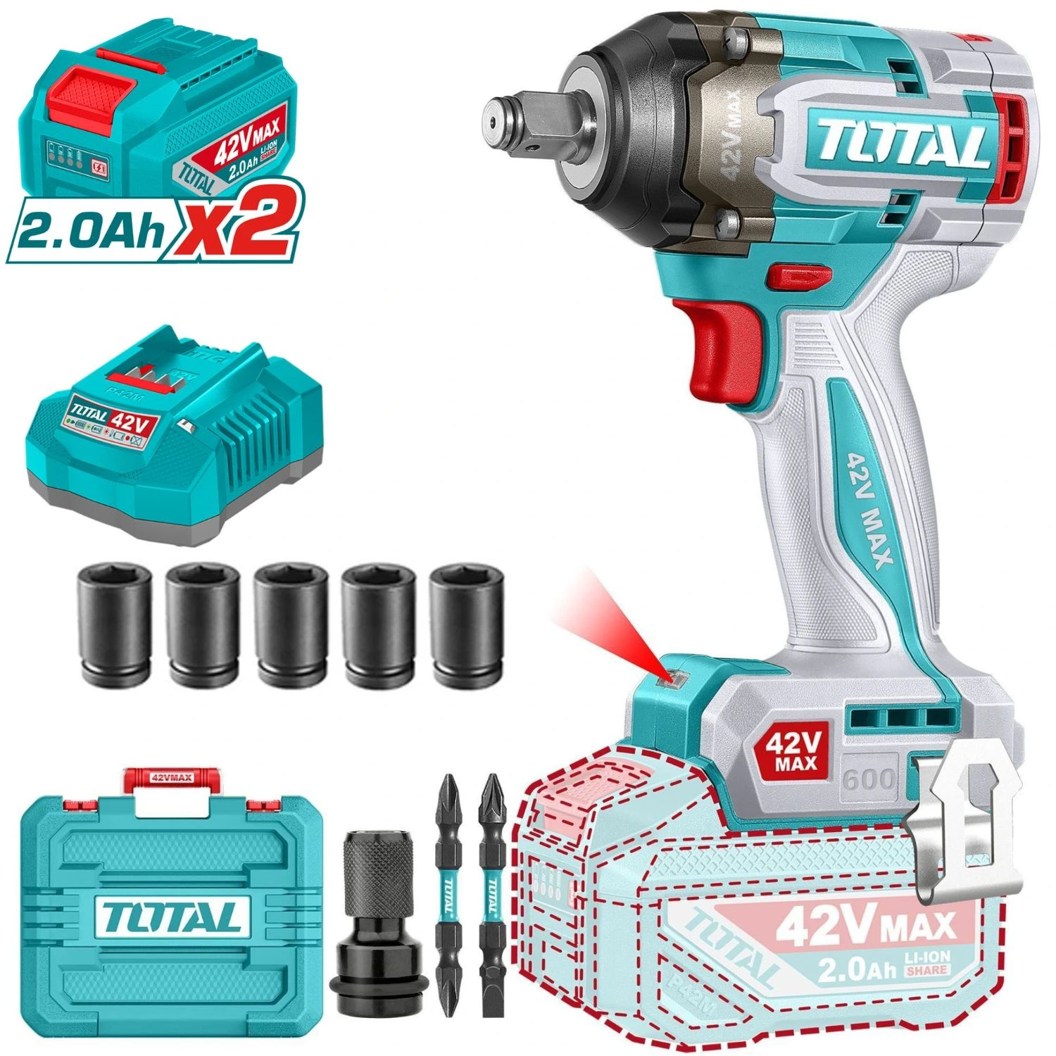 Llave De Impacto Total 1/2″ – 600Nm – 42v, 2 Baterías 2.0Ah + Cargador + Maletín