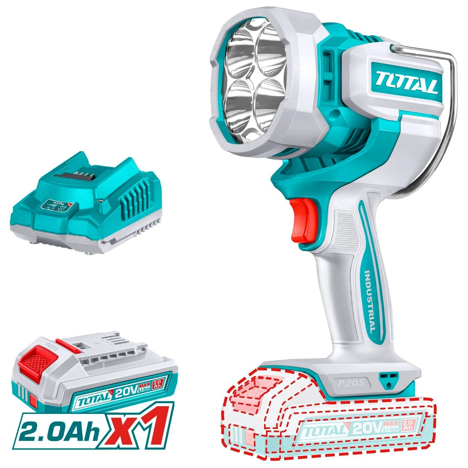 Linterna LED Total 20v – 2000 Lúmenes, 1 Batería 2.0Ah + Cargador