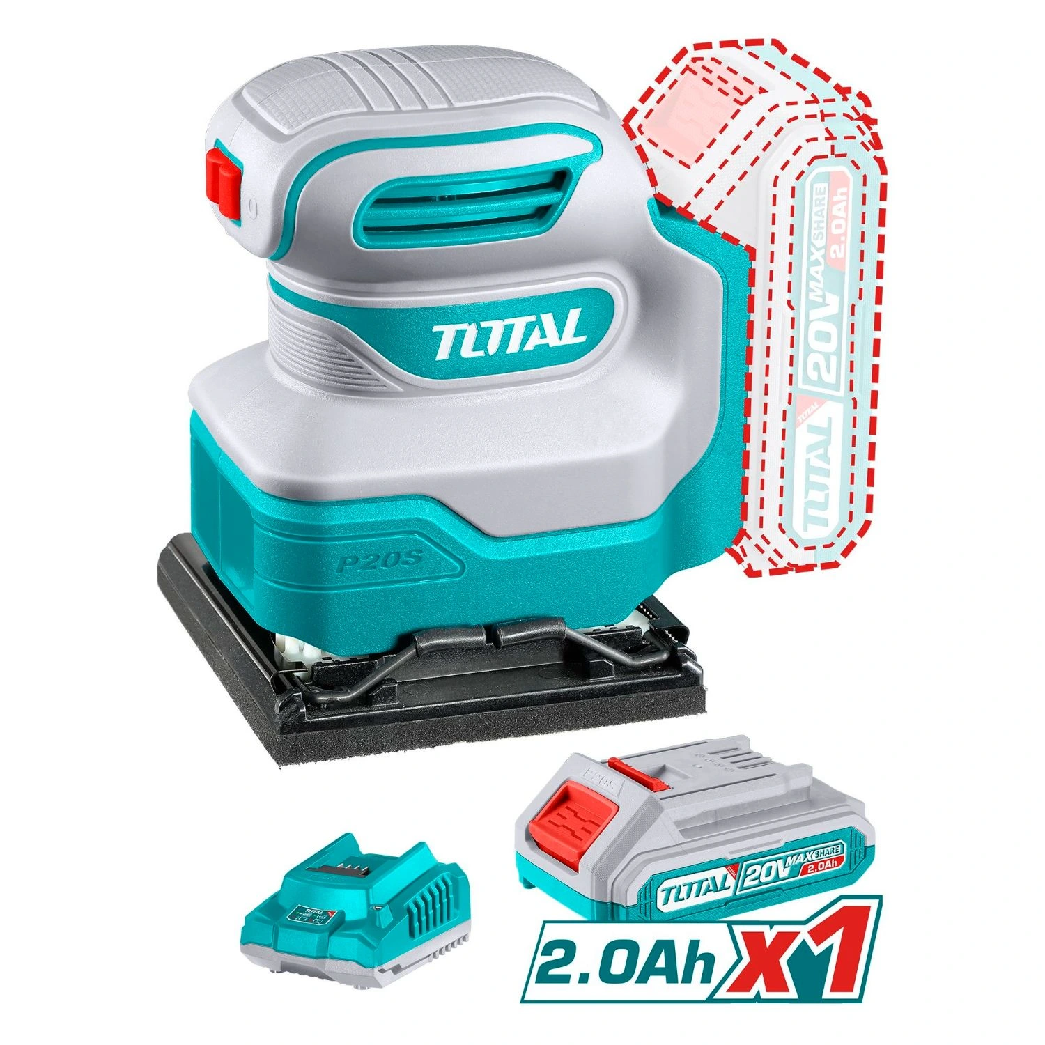Lijadora Orbital Total 20v, 1 Batería 2.0Ah + Cargador – 110x100mm