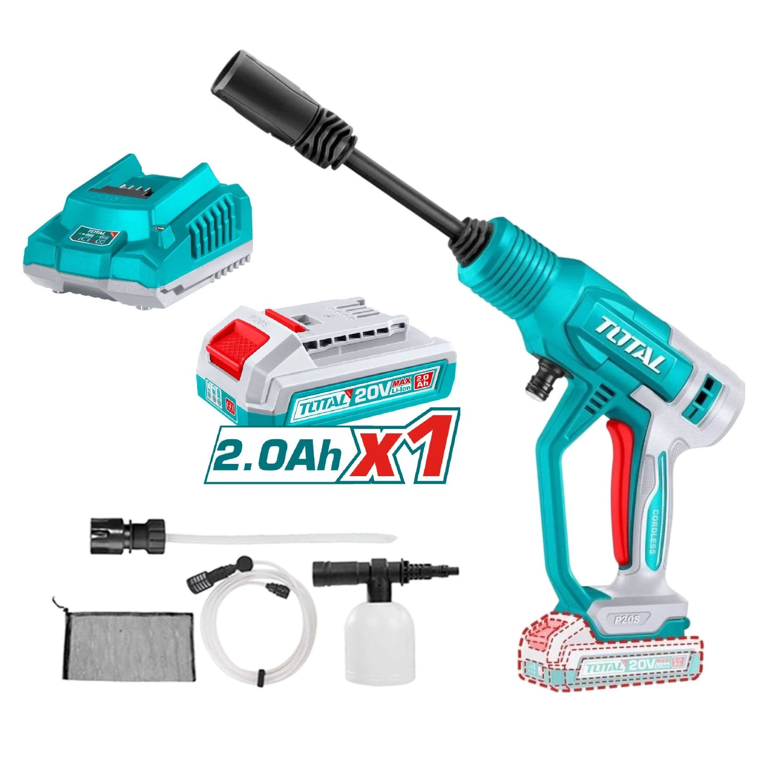 Hidrolavadora Total 20v – 24.8 Bar, 1 Batería 2.0Ah + Cargador – 2.8 L/min
