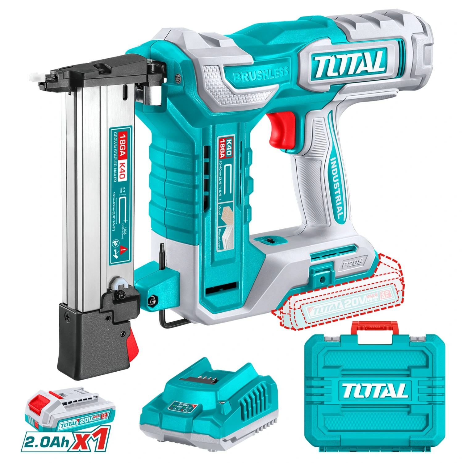 Engrampadora Inalámbrica Total 20v – 1 Batería 2.0Ah + Cargador + Maletín