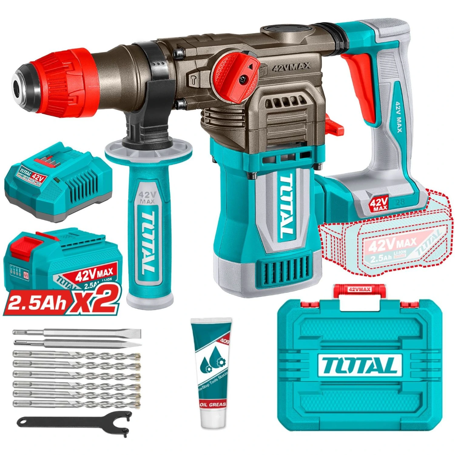 Rotomartillo Total SDS Plus – 42v, Sin Carbones, 2 Baterías y Maletín