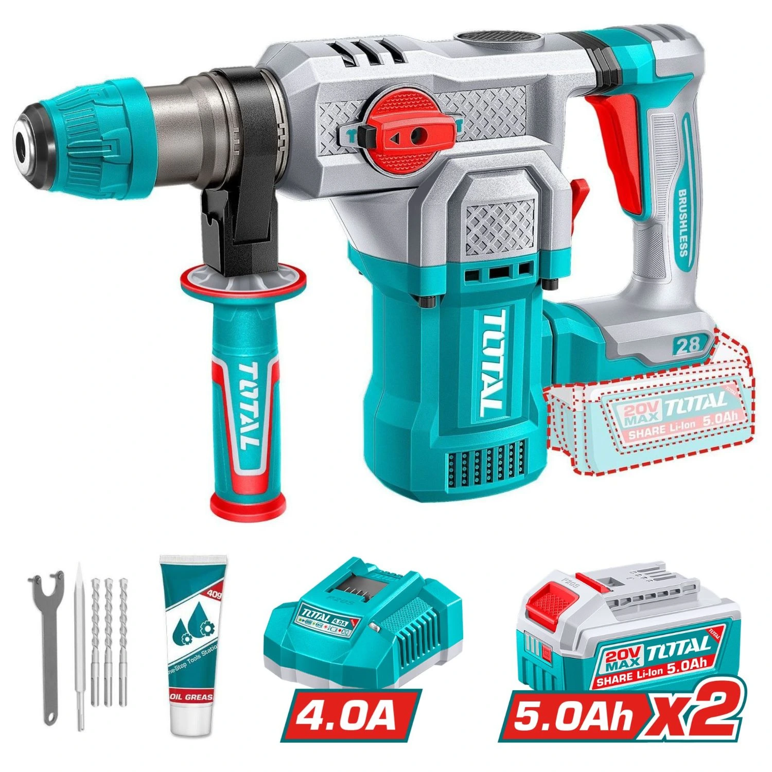 Rotomartillo Total Sds Plus – 20v, Sin Carbones, 2 Baterías 5Ah
