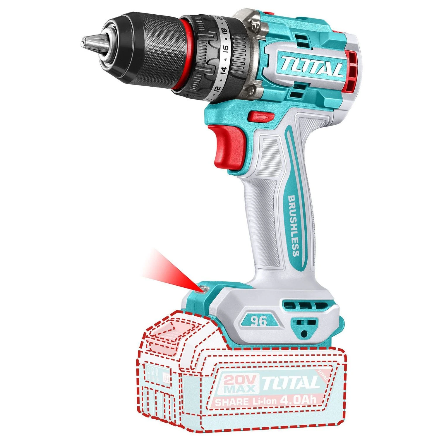 Atornillador Percutor Total 20v – 13mm – 96Nm, Sin Carbones