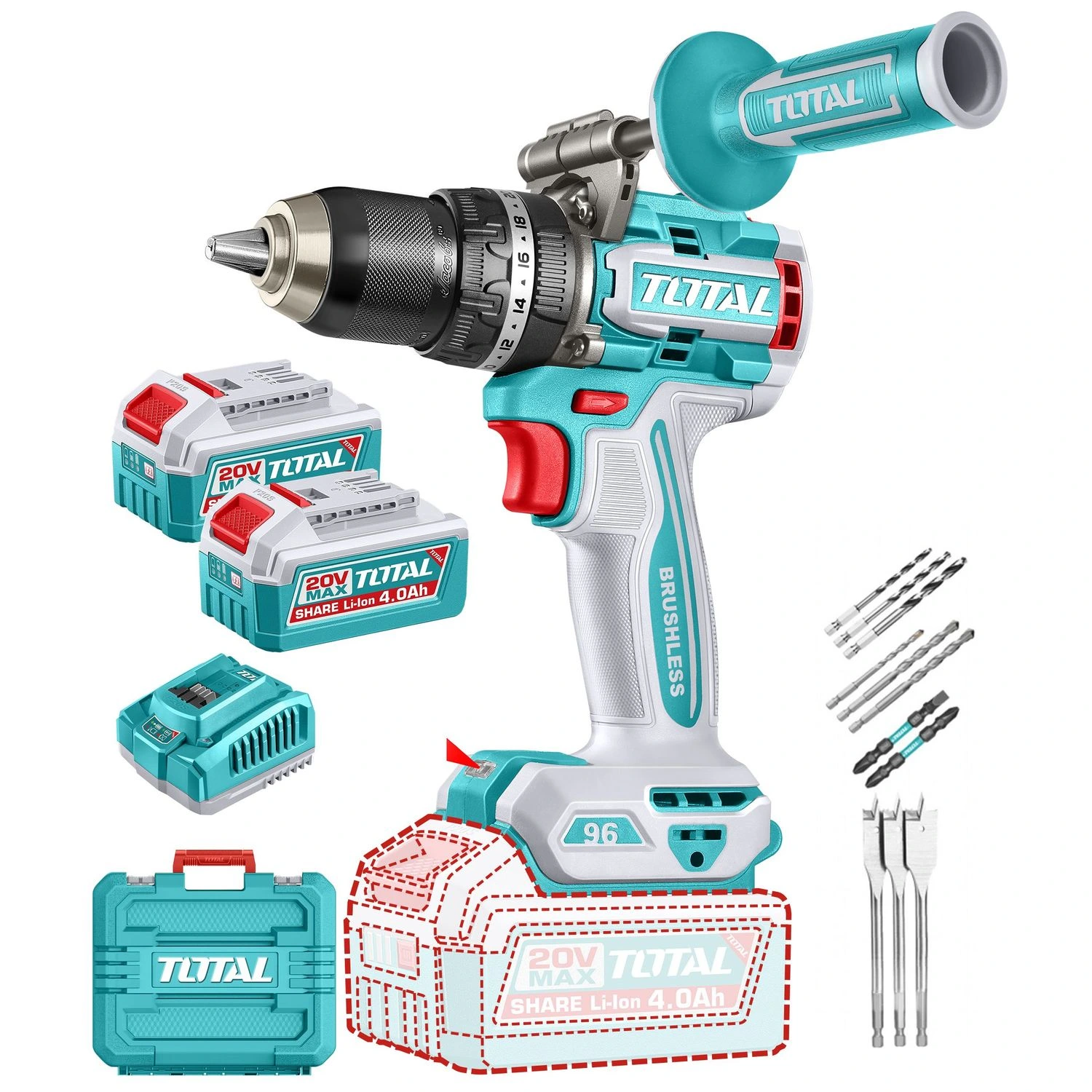 Atornillador Percutor Total 20v – 13mm – 96Nm, Sin Carbones, 2 Baterías Y Maletín