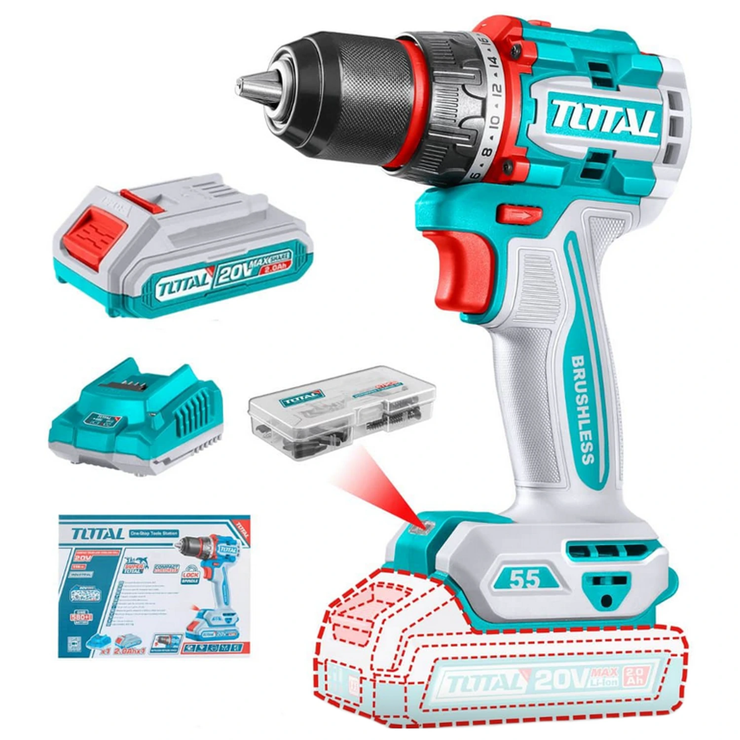 Atornillador Total 20v – 13mm – 55Nm, Sin Carbones, C/Batería