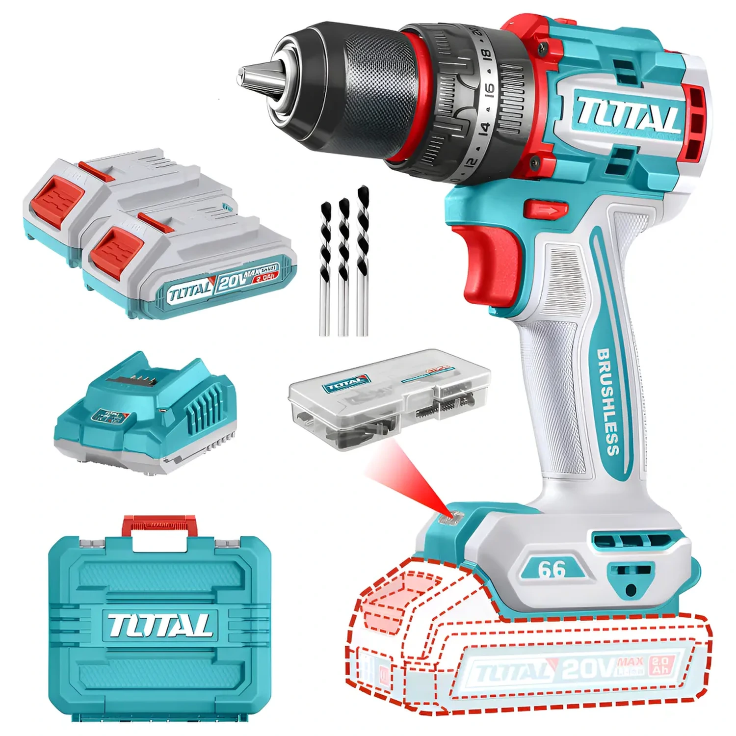 Atornillador Percutor Total 20v – 13mm – 66Nm, Sin Carbones, 2 Baterías Y Maletín
