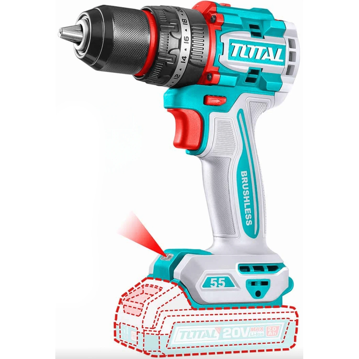 Atornillador Percutor Total 20v – 13mm – 55Nm, Sin Carbones
