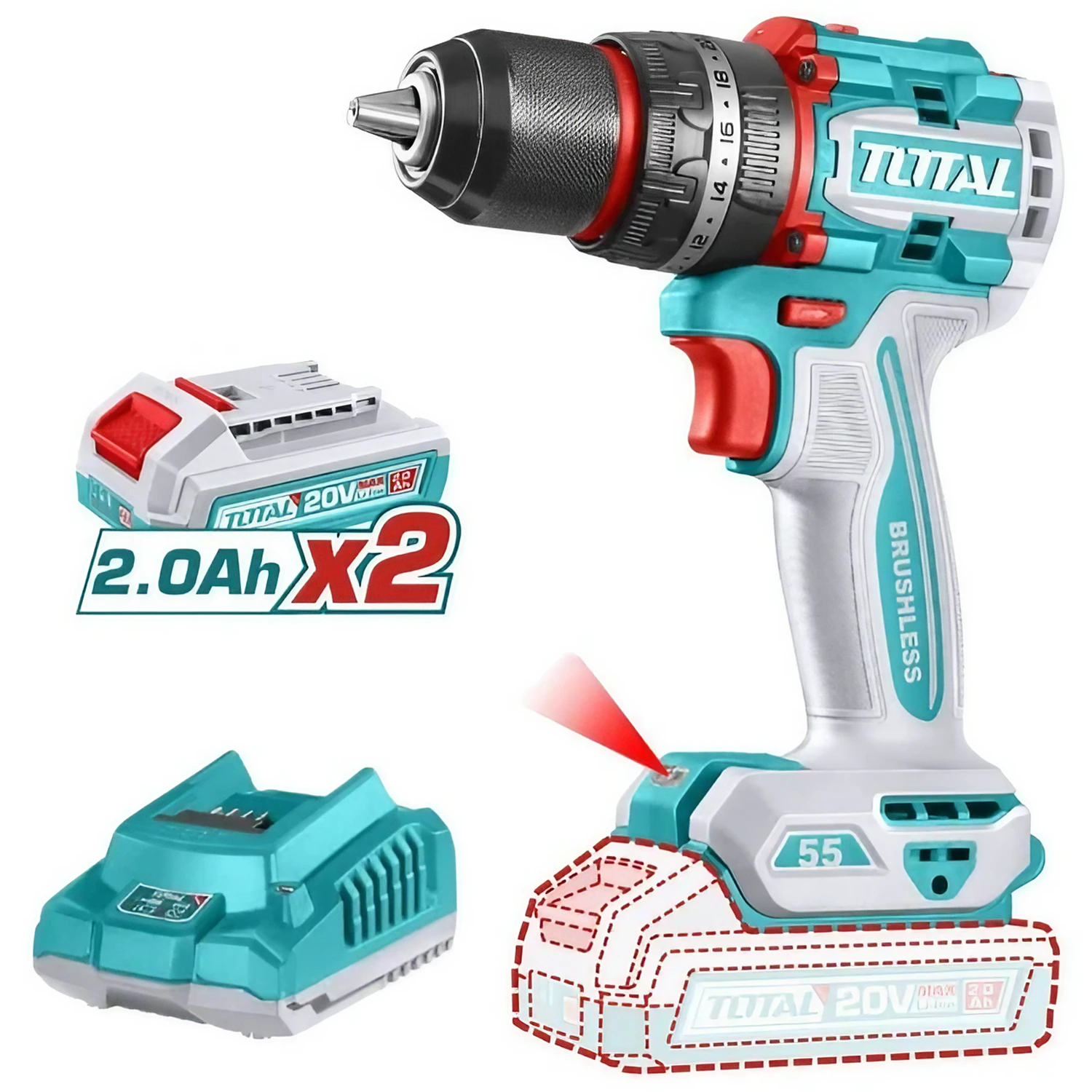 Atornillador Percutor Total 20v – 13mm – 55Nm, Sin Carbones, 2 Baterías Y Maletín