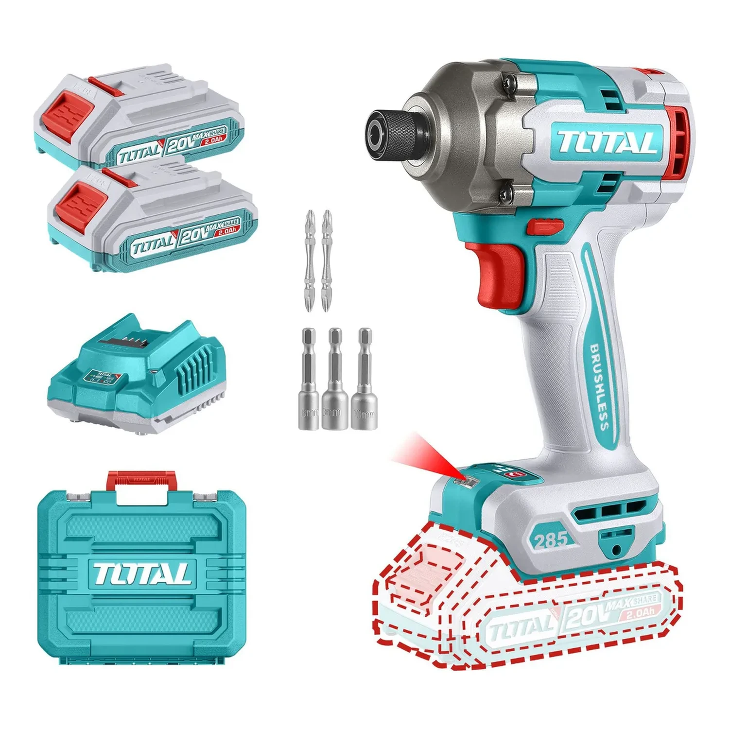Atornillador De Impacto Total 1/4″ – 20V, Sin Carbones, 2 Baterías Y Maletín
