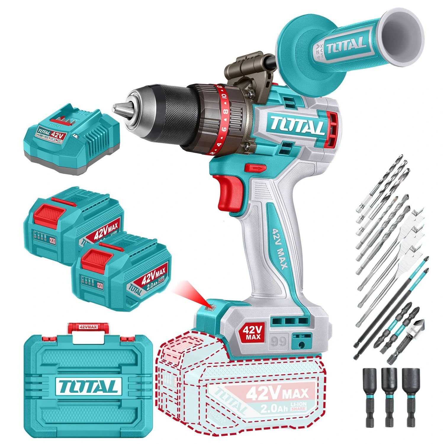 Atornillador Percutor Total 42v – 13mm – 99Nm, 2 Baterías Y Maletín, Sin Carbones