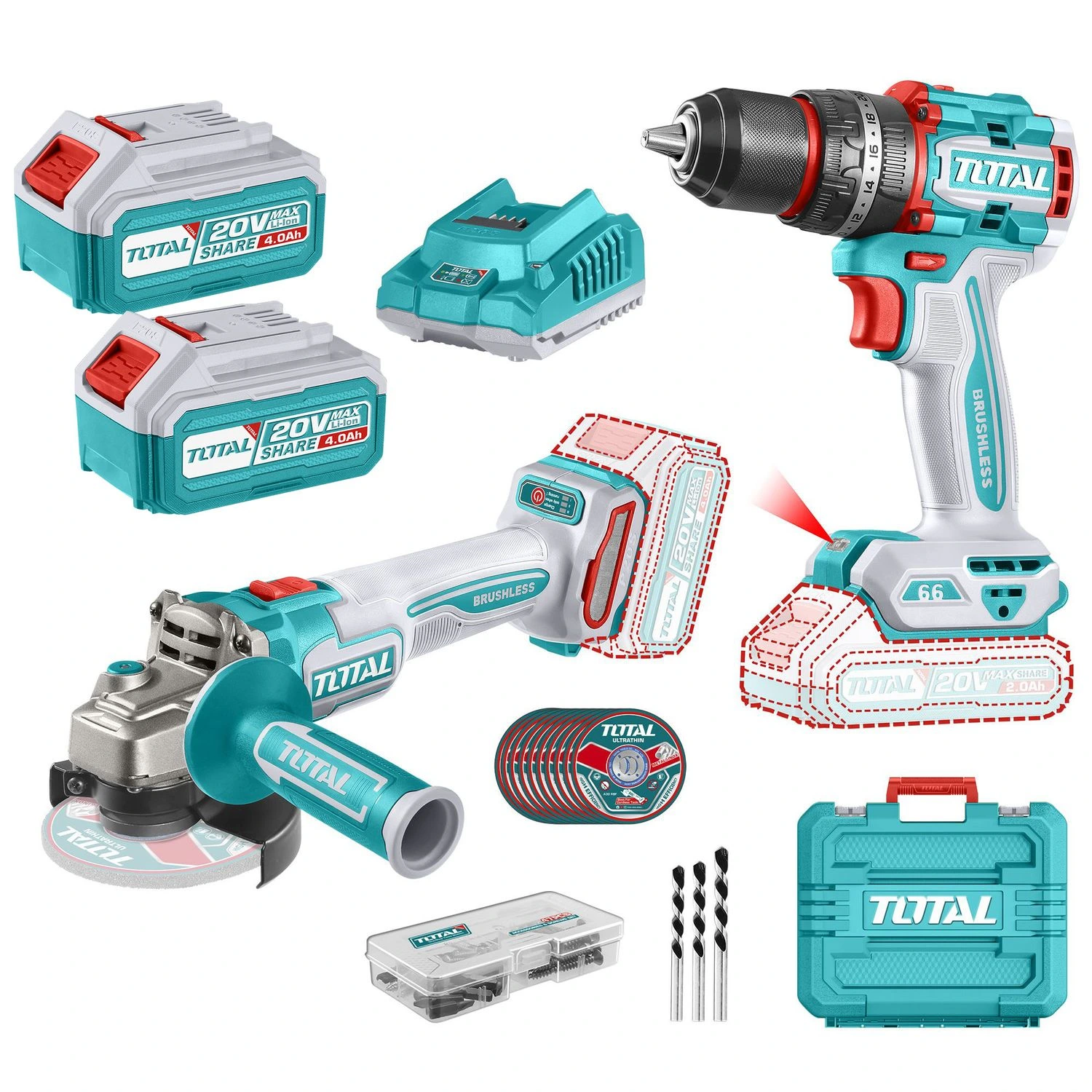Kit Total 20v – Atornillador 13mm + Amoladora 4.1/2″