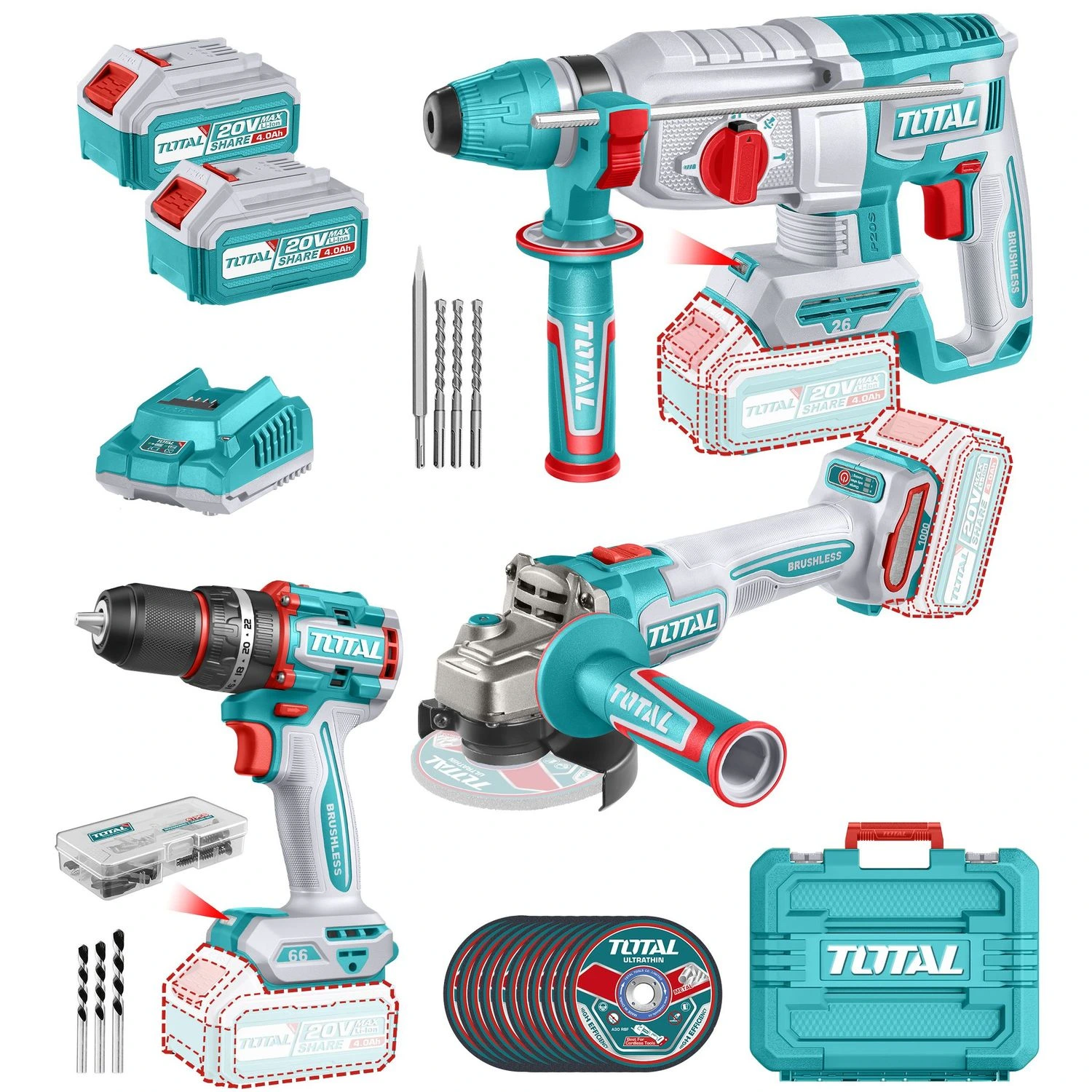 Kit Total 20v – Taladro Percutor + Amoladora + Rotomartillo