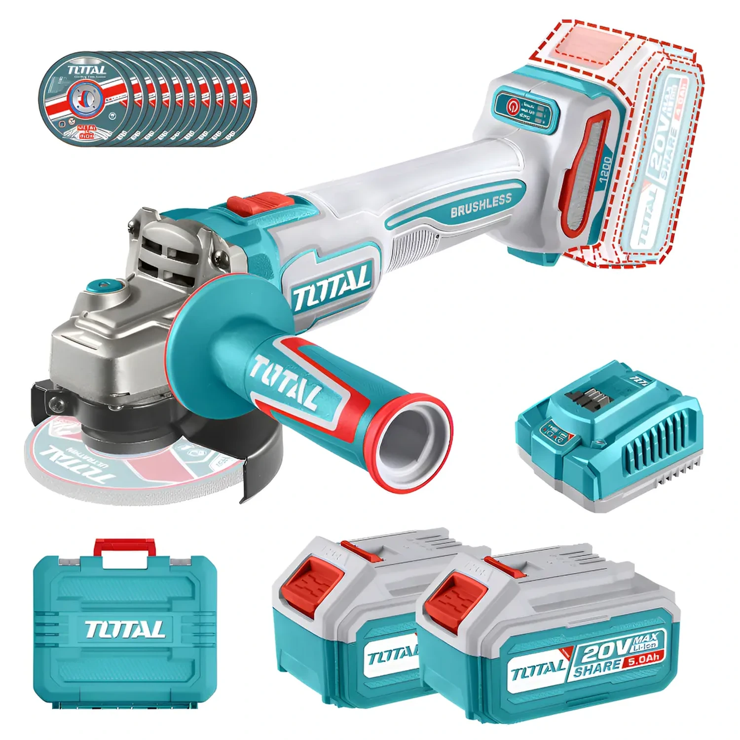 Amoladora Angular Total 4.1/2″ 20v, 2 Baterías Y Cargador