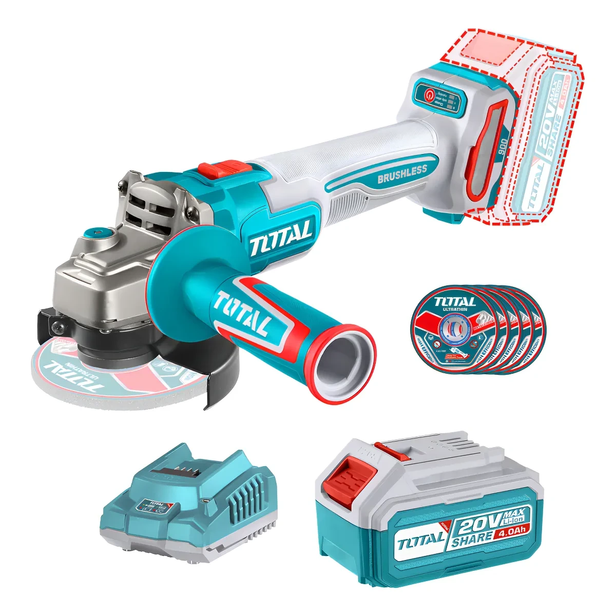 Amoladora Angular Total 4.1/2″ 20v, Batería Y Cargador