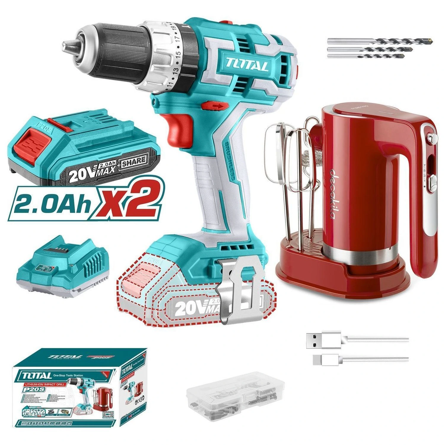 Atornillador Percutor Total 20v – 13mm, 2 Baterías + Batidora Decakila