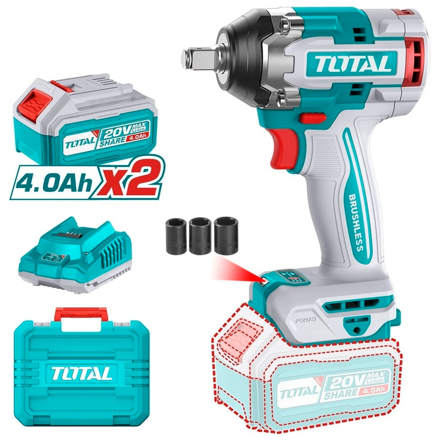 Llave De Impacto Total 1/2″ – 20v, 2 Baterías + Cargador