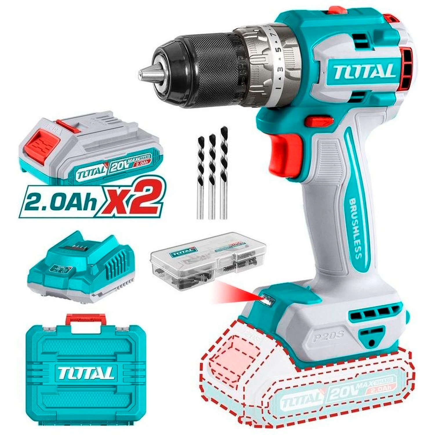 Atornillador Percutor Total 20v – 13mm – 66Nm, 2 Baterías Y Maletín, Sin Carbones
