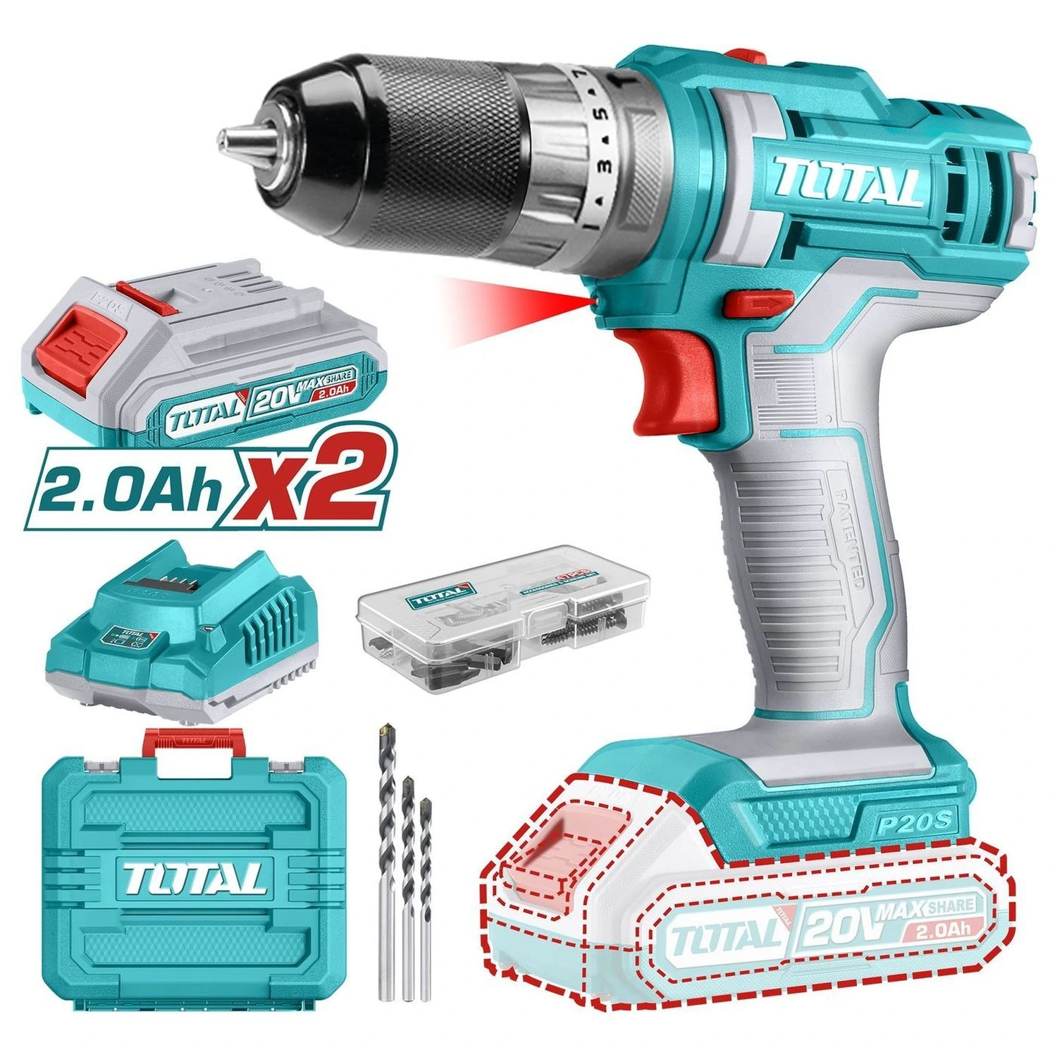 Atornillador Percutor Total 20v – 10mm, 2 Baterías Y Maletín