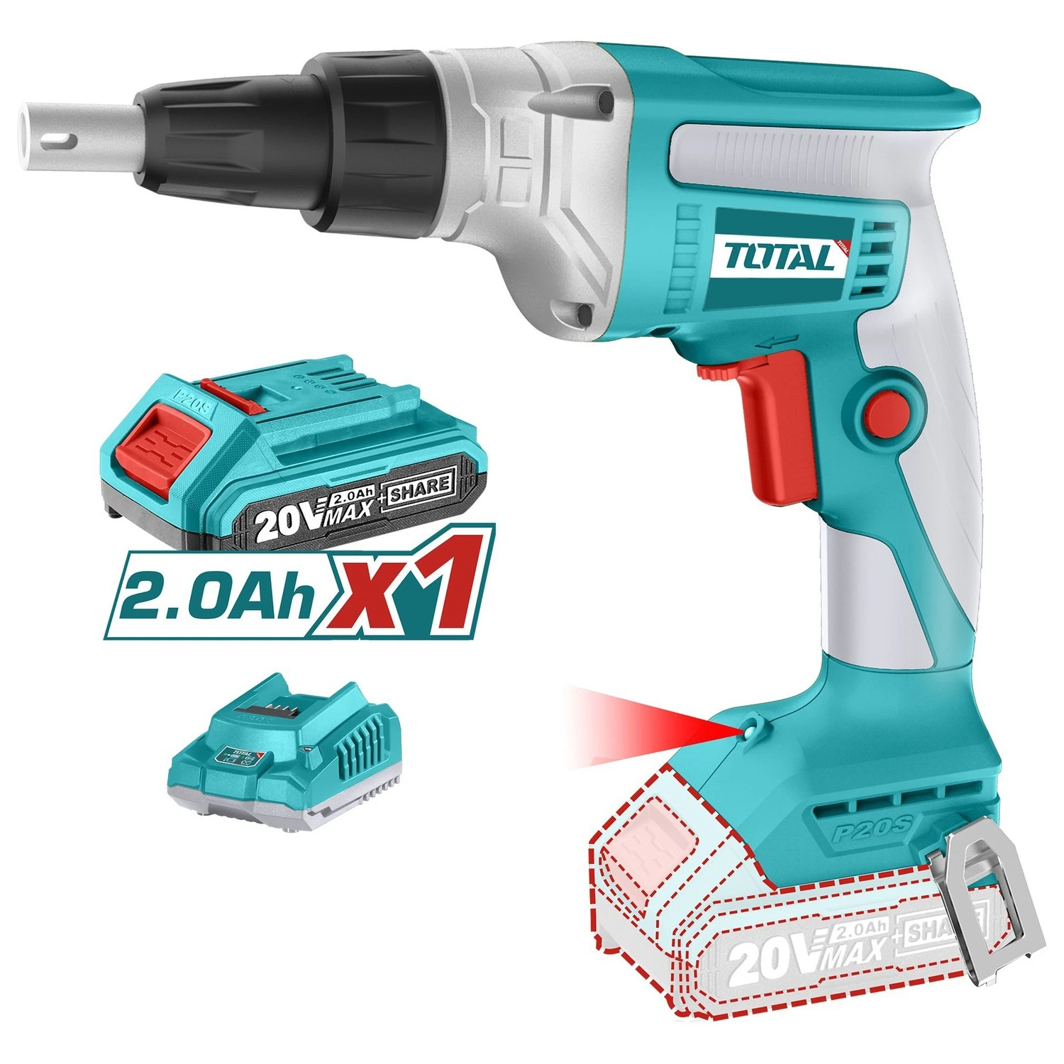 Atornillador Para Yeso Total 20v, C/Batería, Sin Carbones