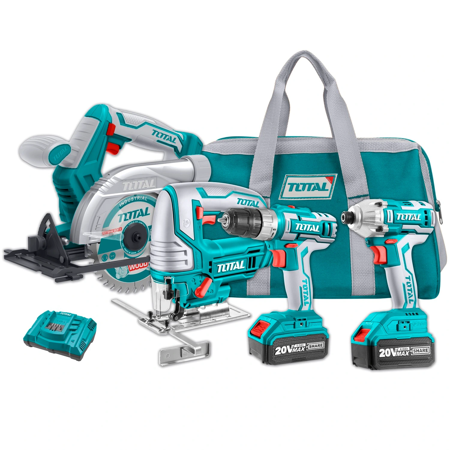 Kit Total 20v – 2 Atornilladores + Sierra Circular + Sierra Caladora
