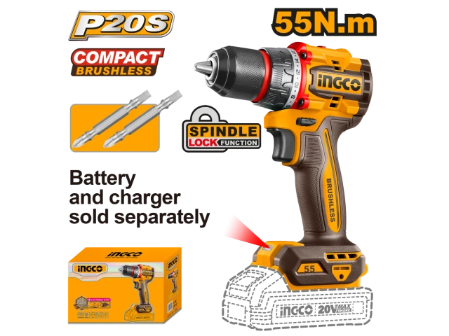 INGCO TALADRO ATORNILLADOR A BATERÍA 20V P20S BRUSHLESS 55NM + 2 PUNTAS S/BAT, S/CARG_CDLI205581