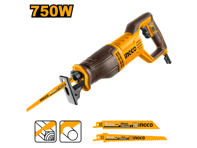INGCO SIERRA SABLE 750W CON REGULADOR DE VELOCIDAD + 1 HOJA DE SIERRA P/ MADERA + 1 HOJA DE SIERRA P/ METAL_RS7508