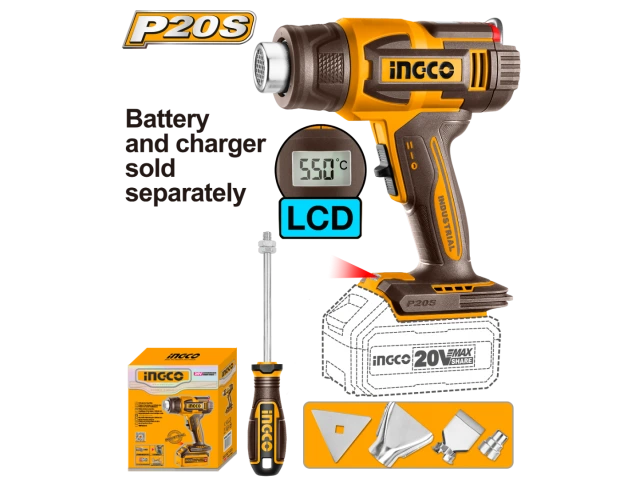 INGCO PISTOLA DE CALOR 20V P20S LCD TEMP 30-550° SIN BAT Y SIN CARG INGCO