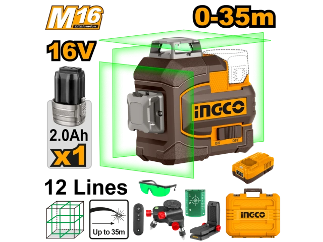 INGCO NIVEL LASER AUTONIVELANTE 3D VERDE A BATERIA 35MTS 16V M16 C/BATERIA + VALIJA + ACCESORIOS _HLL301201