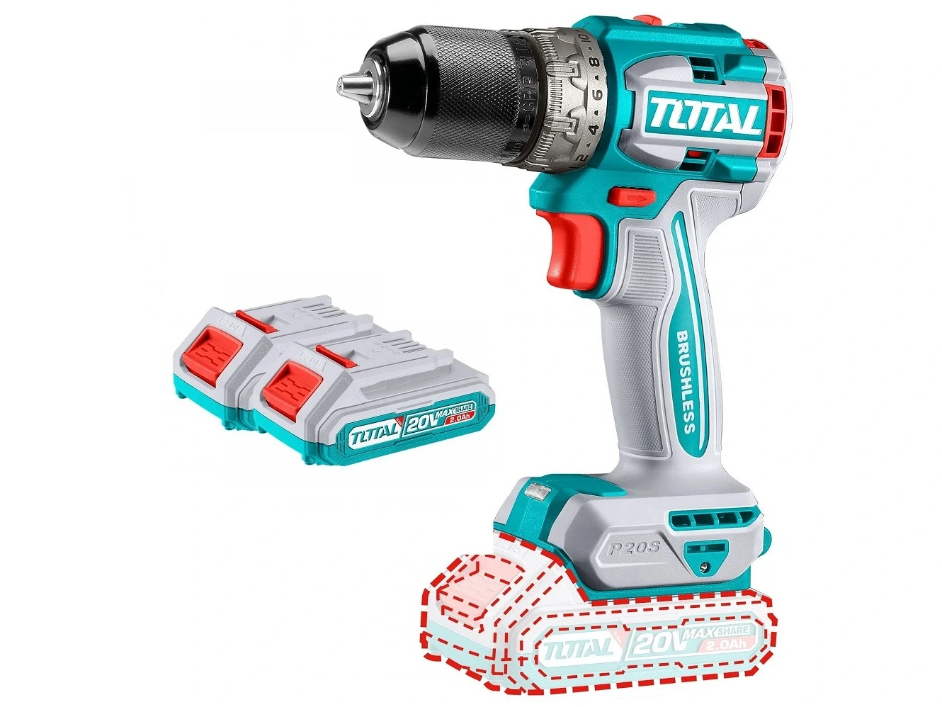 TOTAL TALADRO C/PERCUTOR 20V___C/ 2 BATERIA___ TIDLI20602