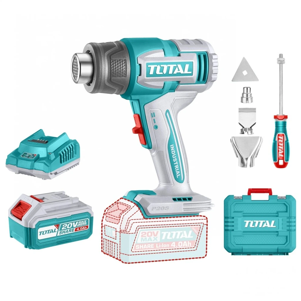 Pistola de Calor Inalámbrica TOTAL 20 V TBLI20065 – 550 °C / 300 °C + Batería 4.0 Ah & Accesorios