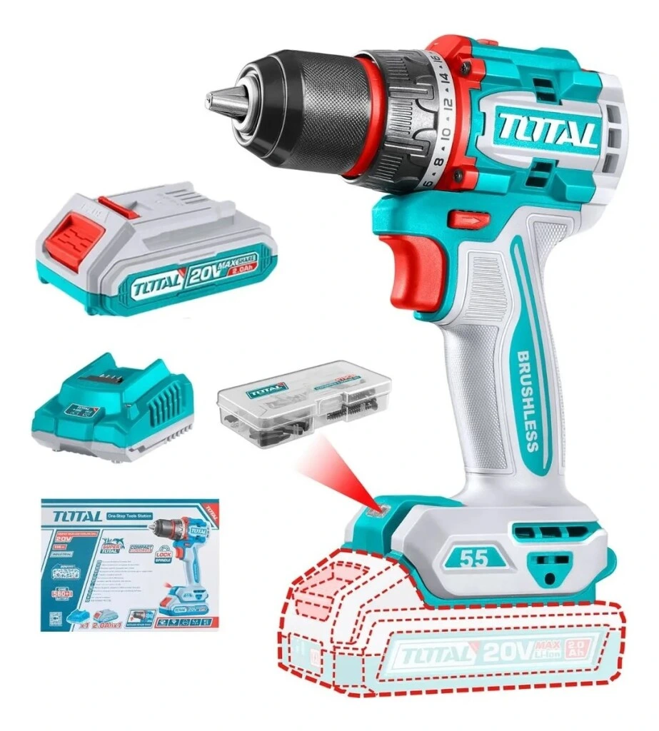 Taladro Atornillador Inalámbrico Brushless Total 20V 55Nm con batería y accesorios