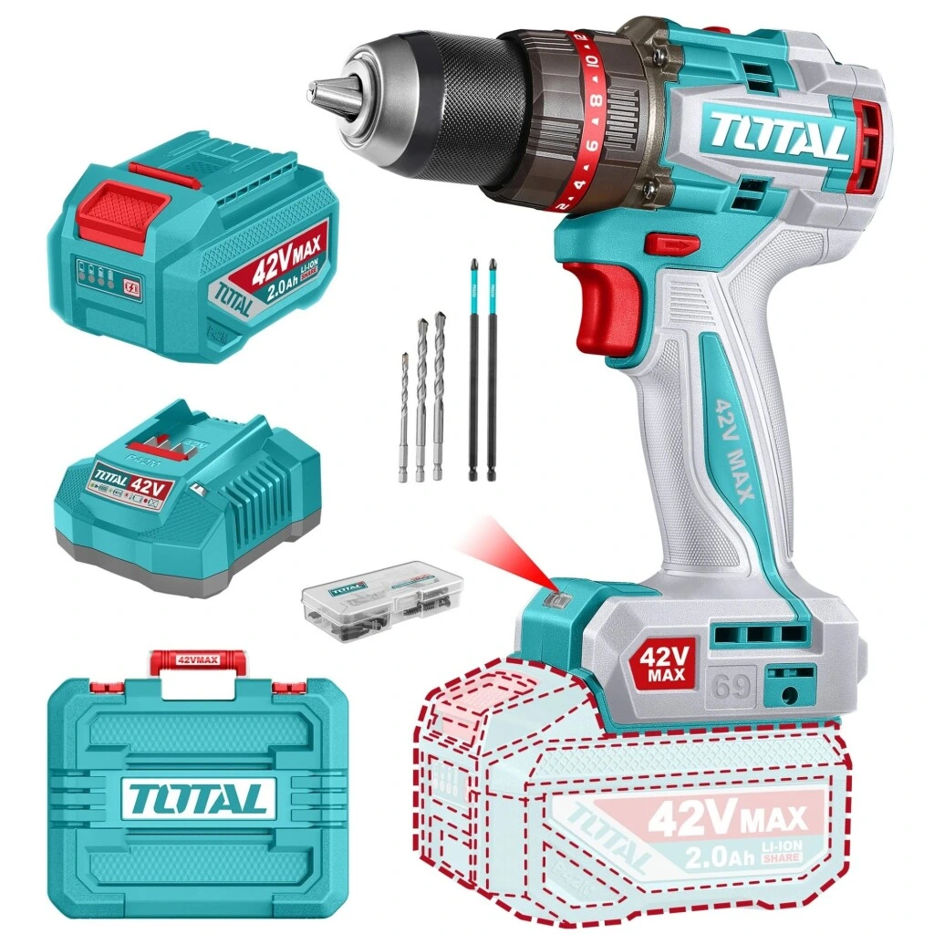 Taladro Atornillador 42v 69Nm Compacto Sin Carbones + Bateria 2Ah + Cargador + Accesorios Total TIDLI426981