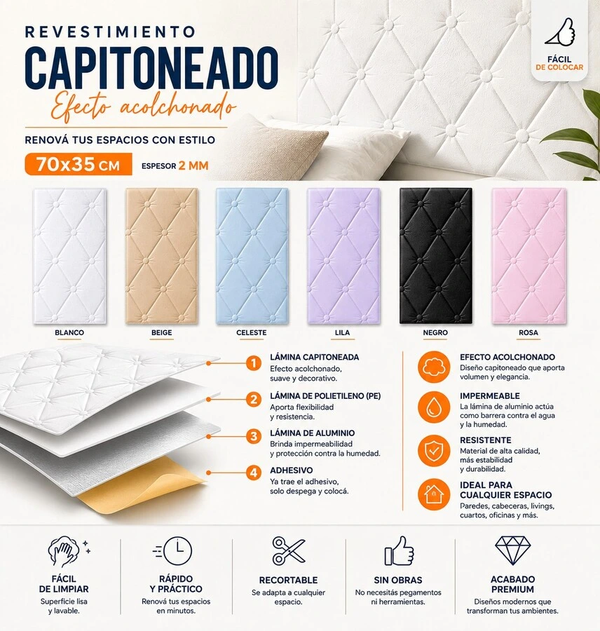 RESPALDO PARA CAMA ADHESIVO 70X35CM