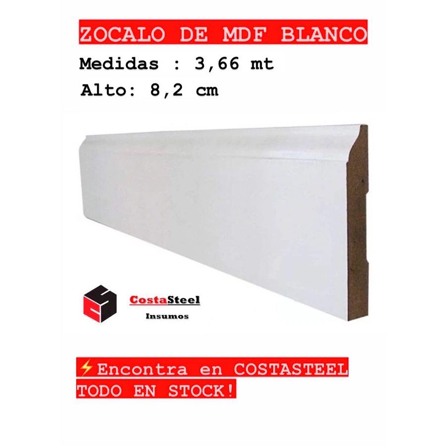 Zócalo Mdf 623 pre pintado blanco 12mm x82mm x 3.66mts