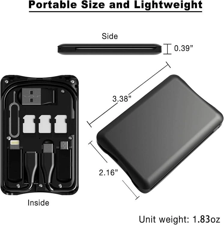 Caja para tarjetas de cable, adaptadores de cable de carga universales, puerto compacto USB-C/USB-A/Micro-USB/Lightning, compacta con la mayoría de los teléfonos inteligentes, soporte de teléfono