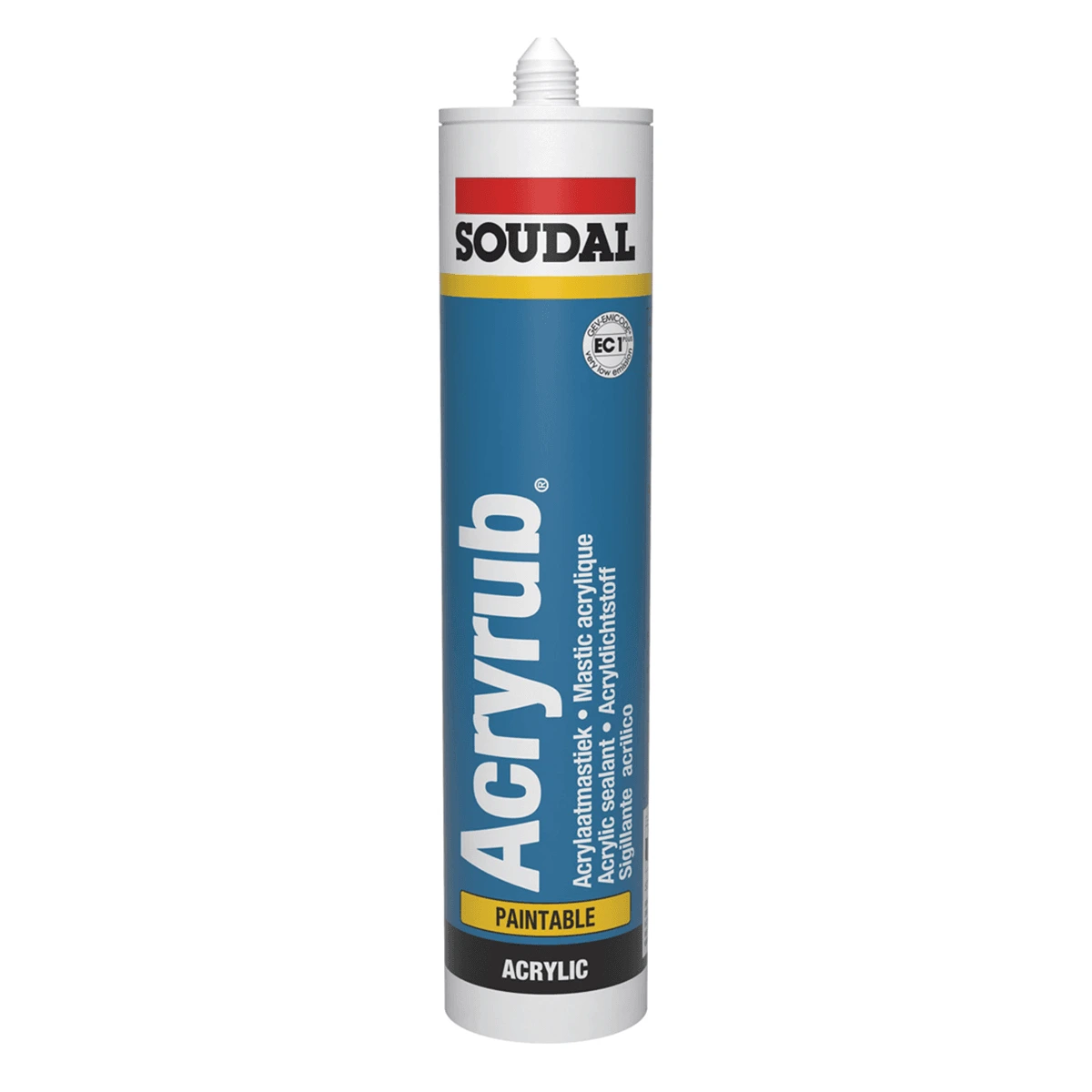 Sellador Acrílico Pintable Soudal Acryrub Blanco para Interior – 300 mL