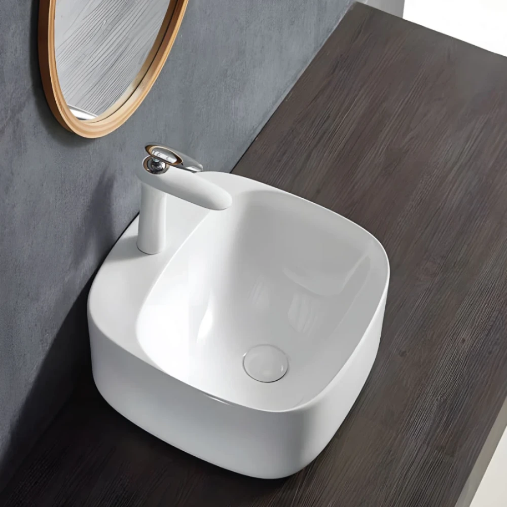 Lavatorio de Apoyo Cuadrado Blanco Con Orificio Línea Zoe – 41,5 x 41,5 x 15,5 cm