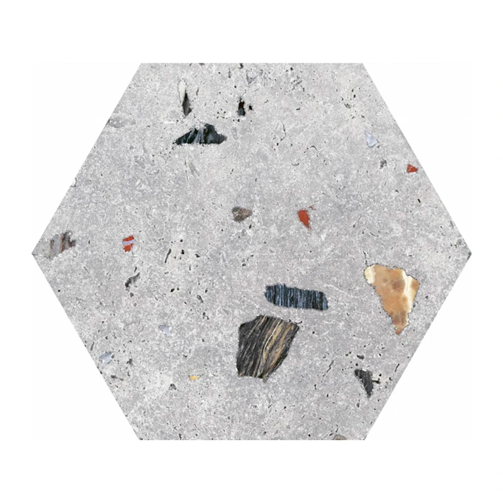 Porcelanato Hexagonal Gris Mate Diseño Terrazo