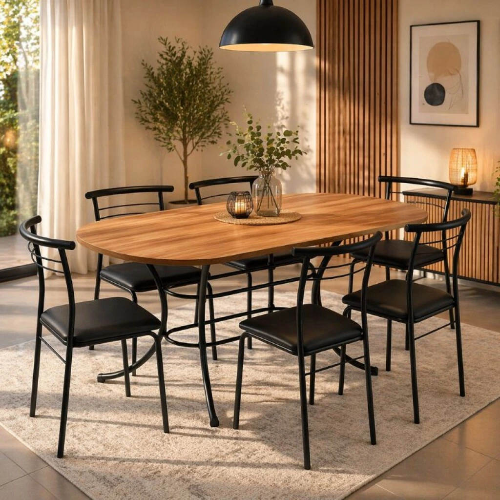 JUEGO DE COMEDOR MESA OVALADA + 6 SILLAS - FREIJO/NEGRO