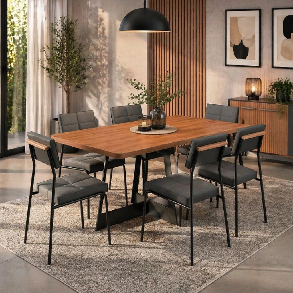 JUEGO DE COMEDOR MESA RECTANGULAR + 6 SILLAS - NOGAL/NEGRO