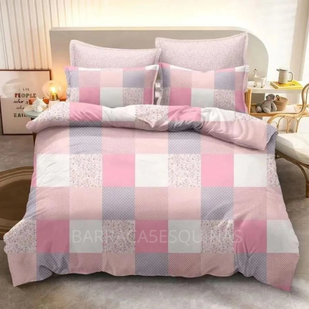 JUEGO DE CAMA INFANTIL 5 PIEZAS - CUADROS ROSA