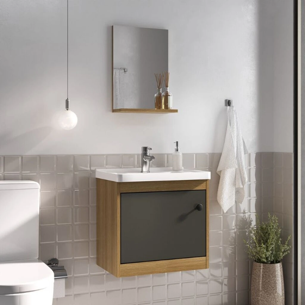 MUEBLE DE BAÑO SUSPENDIDO 50 CM CON MESADA Y ESPEJO - MIEL/GRAFITO