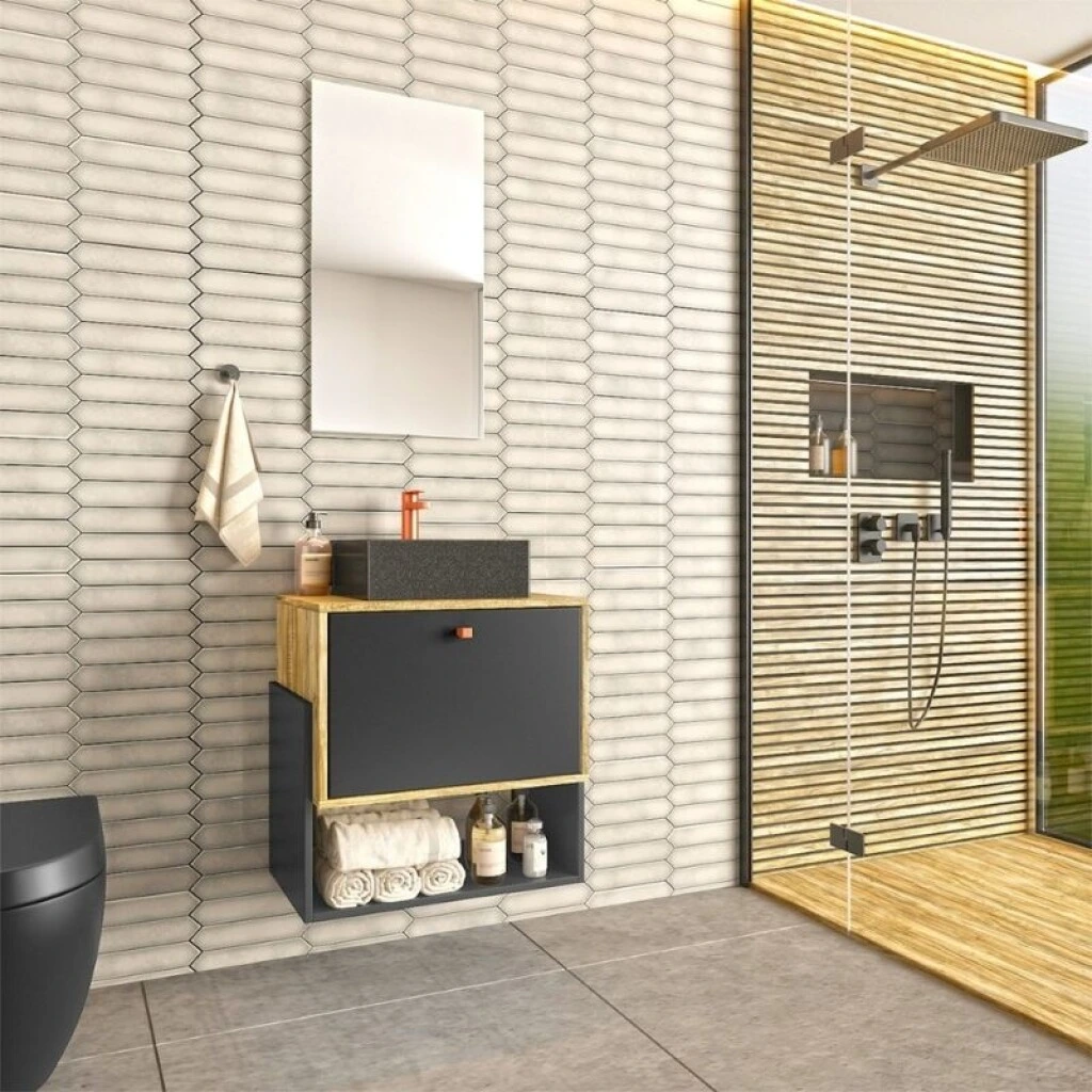 MUEBLE DE BAÑO SUSPENDIDO 57 CM CON BACHA Y ESPEJO - CARTAGENA/NEGRO