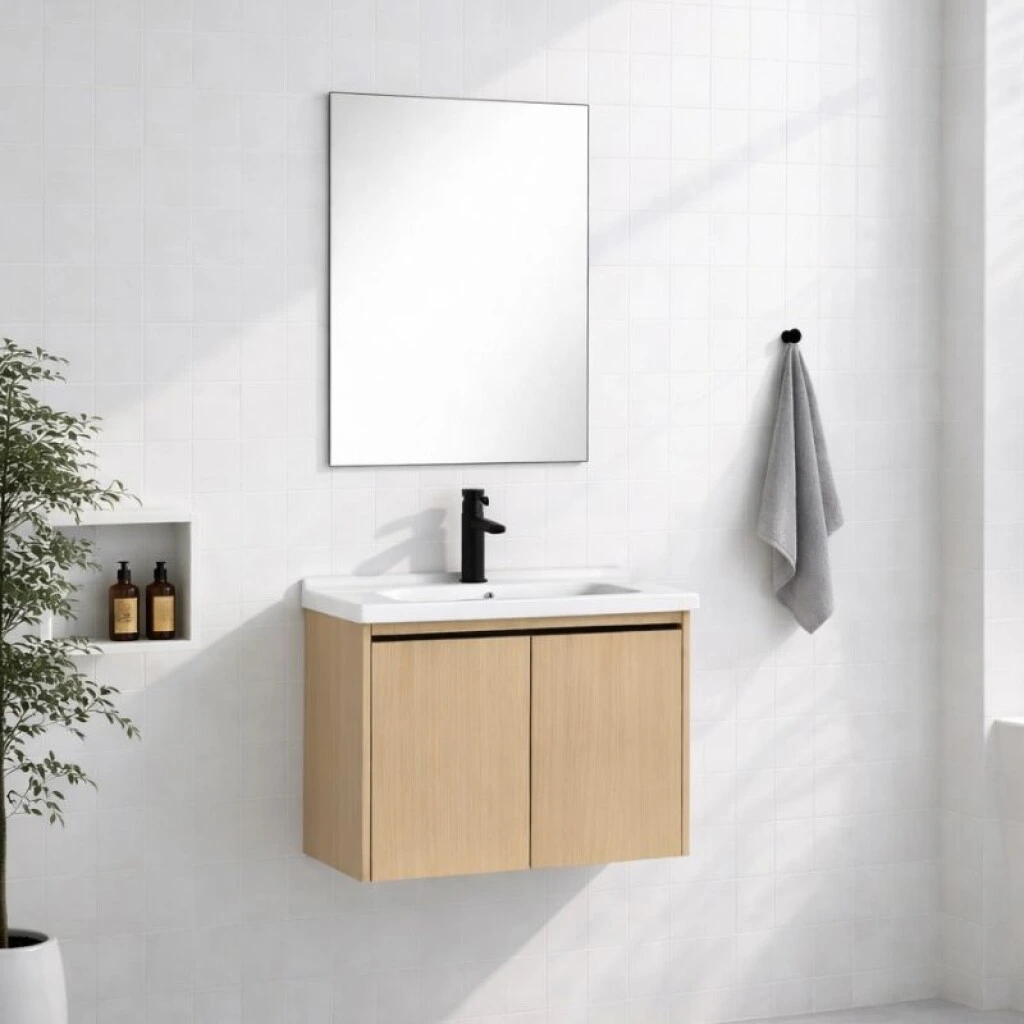 MUEBLE DE BAÑO 60 CM CON MESADA DE LOZA Y ESPEJO - MADERA